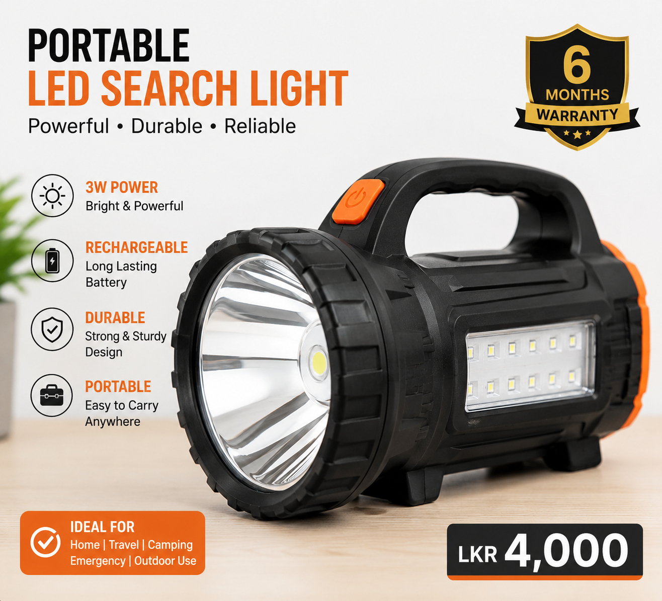 Portable Rechargeable LED Search Light – 3W
